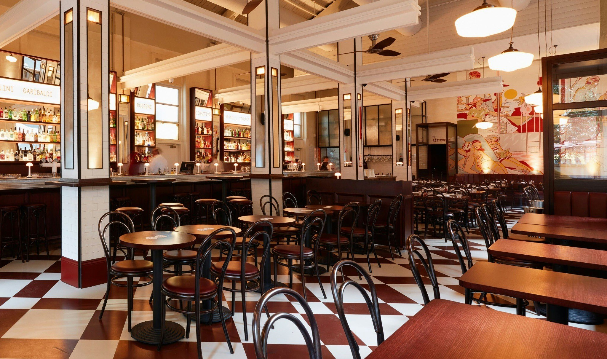 View of all tables and seating within a restaurant.
